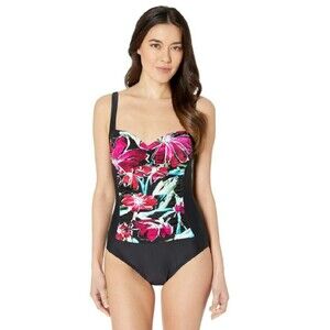 Maxine of Hollywood NWT black floral one piece adjustable strap swimsuit Size 6